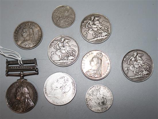 An 1872 Gothic florin, four crowns, two 1887 double florins and a half crown.